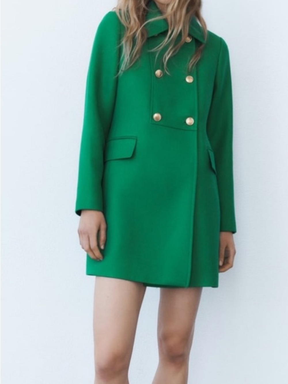 ZARA Kelly Green Spring Double-Breasted Pea Coat w Gold Button Detail
